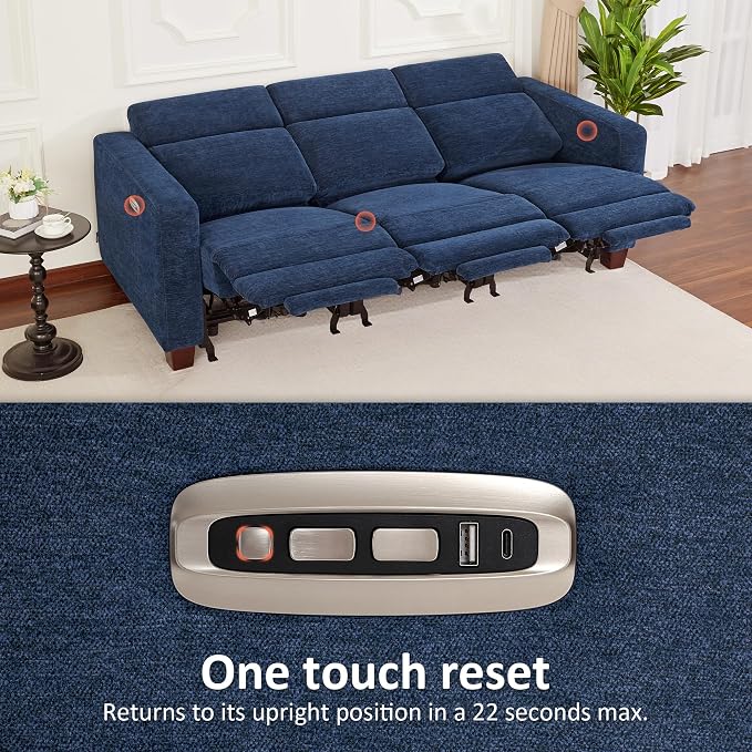 MCombo 88.6'' Reclining Sofa, Wall Hugger Power Recliner Sofa with Adjustable Headrest, USB A & C Charge Ports, Wood Legs, for Living Room (Fabric, HL198M3) (Navy Blue, 3-Seater)