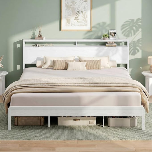 LIKIMIO California King Bed Frame with Headboard, Wood Camas California King with Strong Supports, Sturdy, Noise-Free, No Box Spring Needed, White