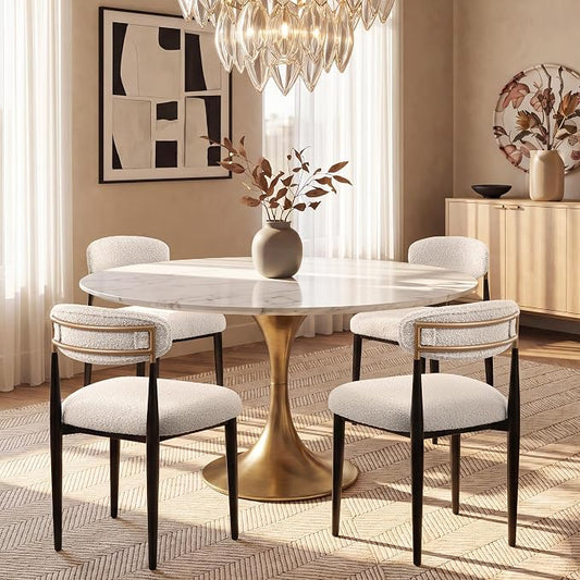 Morden Fort Upholstered Dining Chairs Set of 4, Modern Boucle Chairs with Gold Metal Frame, Armless Fabric Chairs for Dining Room and Apartment, White