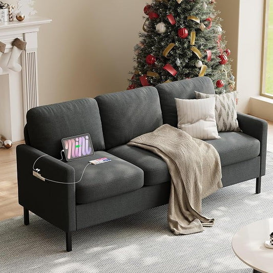 STHOUYN 72" W 3 Seater Couch with 2 USB, Comfy Grey Couch with 2 Pockets, Living Room Sofas with Reinforced Steel Frame, Cheap Sofas for Small Spaces, Dorm, Bedroom