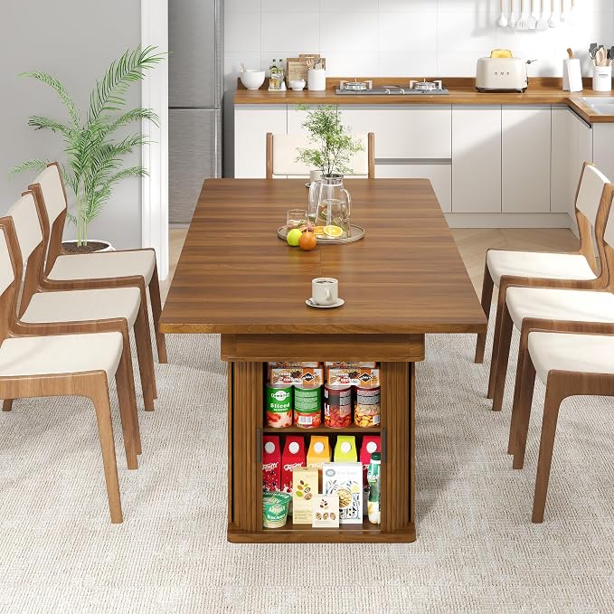 39-94 inch Extendable Dining Room Table for 4-10, Rectangle Expandable Long Kitchen Table with Double Tier Storage, Fluted Sliding Doors, Modern Square Dinner Table, Living Room, Farmhouse, Walnut