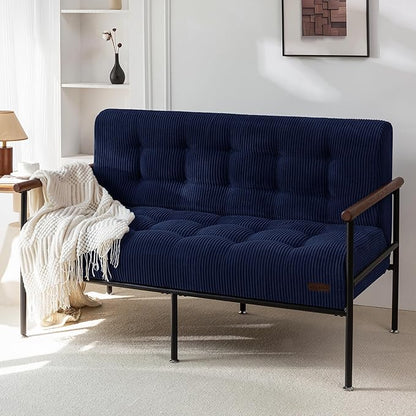 MAXYOYO Living Room Accent Chair, Loveseat Sofa Chair with Sturdy Metal Frame & Wood Armrests, Button Tufted Upholstered Small Couch Modern Love Seat for Bedroom Office, Navy
