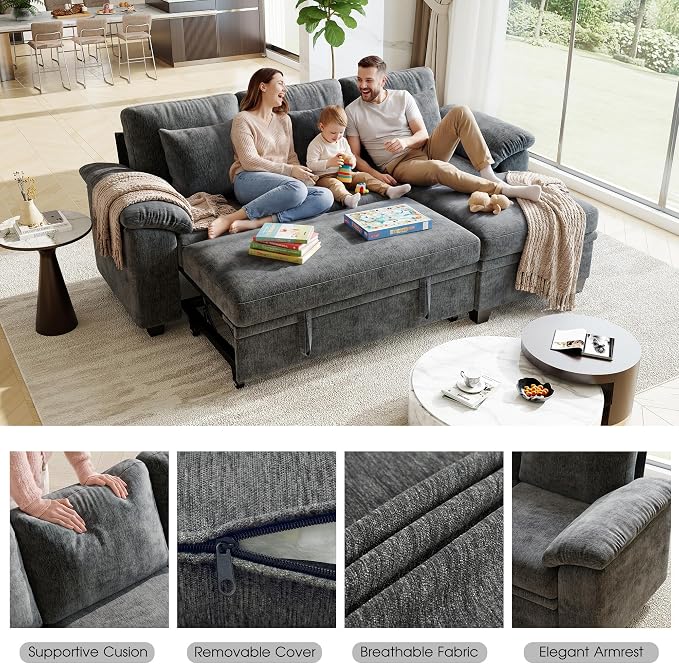 86" Modular Sectional Sleeper Sofa Bed, L Shaped 4 Seat Pull Out Couch with Storage Ottoman, Convertible Cloud Couch Bed, Sectional Couches for Living Room, Apartment (Gray)