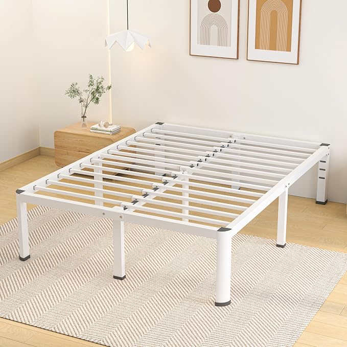 Superay 20 Inch Queen Size Metal Bed Frame with Round Corners, Storage Space Under High Bed Frame-Heavy Duty Steel Slats Support, Noise Free - Easy Assembly - No Box Spring Needed,White