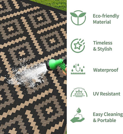 GENIMO Outdoor Rug for Patio Clearance, 6'x9' Waterproof Camping Mat, Reversible Plastic Straw Rugs for RV, Camper, Balcony, Backyard, Picnic, Deck (Mix Black Brown)