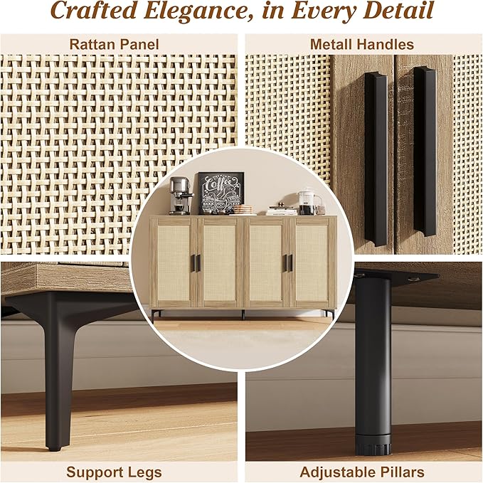 JASIWAY Buffet Cabinet with Storage, 48" Rattan Coffee Bar Cabinet Station | Accent Sideboard with Adjustable Shelves, Credenza for Dining Room, Kitchen, Living Room, Entryway, Anti-Tip, Wood
