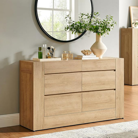 OKD 6 Drawer Dresser for Bedroom, 54" Wide Chest of Drawers with Thick Wood Design, Handleless, Modern Bedroom Dresser, Storage Organizer for Living Room/Entryway/Hallway, Natural Oak