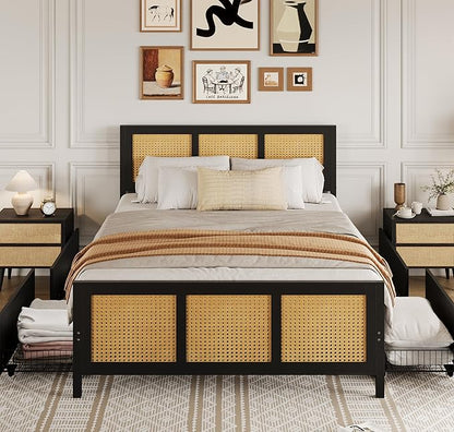 GarveeHome Black Rattan Bed Frame with Headboard, Boho Cane Platform King Size Bed Frame with 4 Drawers, Strong Metal Slats Support, Noise Free, No Box Spring Needed