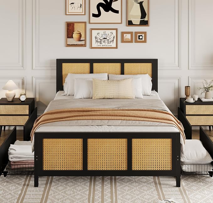 GarveeHome Black Rattan Bed Frame with Headboard, Boho Cane Platform Full Size Bed Frame with 4 Drawers, Strong Metal Slats Support, Noise Free, No Box Spring Needed