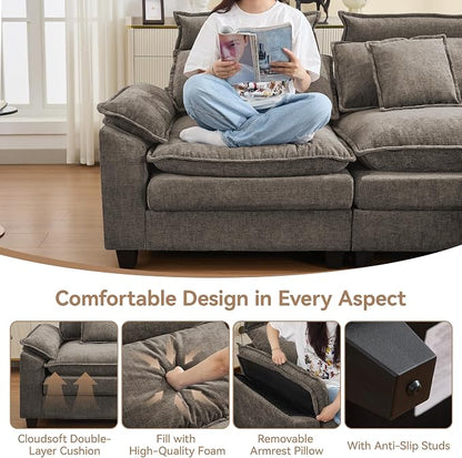 103'' Cloud Modern 3 Seater Couch with Detachable Headrest, Modular Sectional Sofa with Ottomant, Oversized L Shape Chenille Comfy Sofa with Armrests for Living Room, Brown