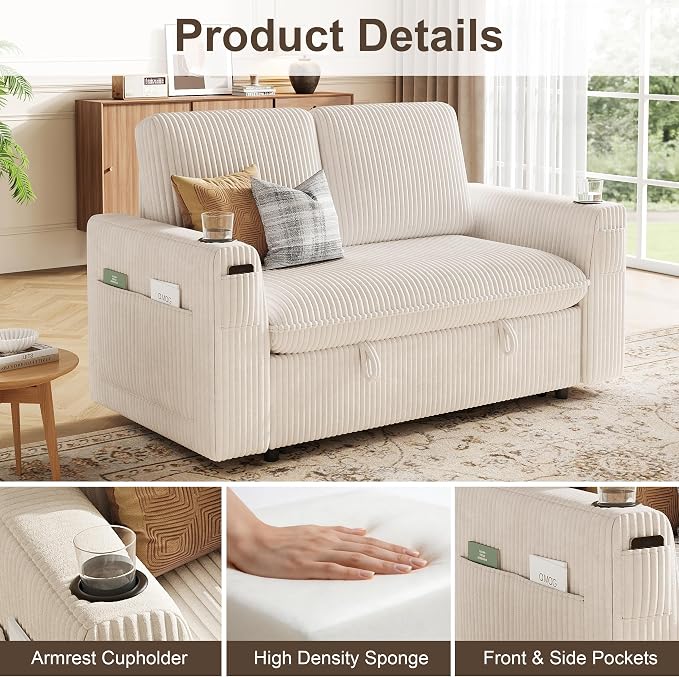 Sleeper Sofa with Pull Out Bed, Plush Corduroy Convertible Sofa Bed with Adjustable Backrest and Cup Holders, Loveseat Sleeper Couches for Living Room, Apartment, Beige