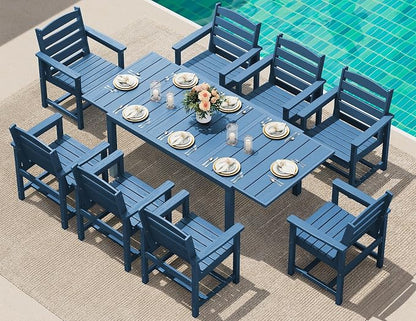 SERWALL HDPE and Aluminum Outdoor Dining Set for 8, Blue | 60" - 83" Expandable Outdoor Dining Table and 8 HDPE Chairs, All Weather Outdoor Furniture Set