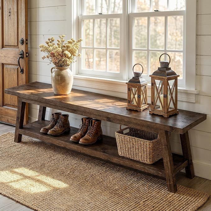 Solid Wood Entryway Bench with Shoe Storage Shelf, 62.99" Long Rustic Hallway Shoe Bench, Natural Wood Mudroom Window Seating, 400 lbs Capacity