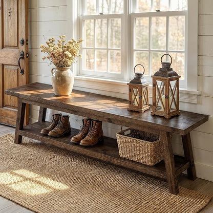 Solid Wood Entryway Bench with Shoe Storage Shelf, 62.99" Long Rustic Hallway Shoe Bench, Natural Wood Mudroom Window Seating, 400 lbs Capacity