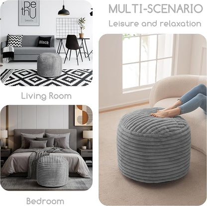 HIGOGOGO Round Stuffed Pouf Ottoman, Stripe Faux Fur Poufs with Foam Chunk Filling, Furry and Fluffy Pouf Foot Stool Storage Ottoman, 26 X 18 Floor Poufs Foot Rest for Living Room, Grey