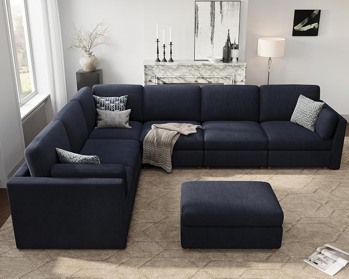 Oversized Modular Sectional Sofa V-Shaped Cloud Couches Blue | Large Deep Seat Couch for Living Room, 7-Seater Luxury Corner Sofa with Ottoman, Solid Wood Frame, Removable Washable Cover