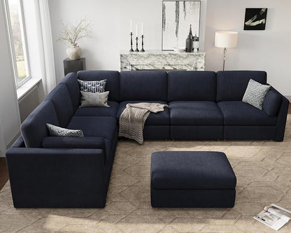 Oversized Modular Sectional Sofa V-Shaped Cloud Couches Blue | Large Deep Seat Couch for Living Room, 7-Seater Luxury Corner Sofa with Ottoman, Solid Wood Frame, Removable Washable Cover