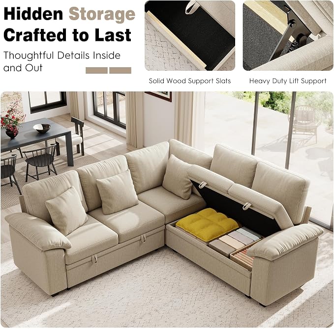 Ihanherry 86" Modular Sectional Sofa with Pull Out Bed, 5-Seater L Shaped Sectional Sleeper Couch with Storage, Chenille Convertible Couches for Living Room, Apartment (Sand)