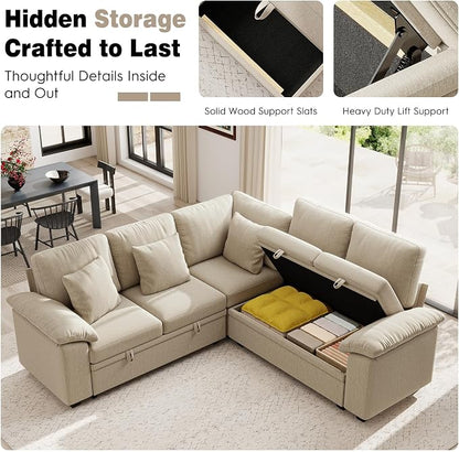 Ihanherry 86" Modular Sectional Sofa with Pull Out Bed, 5-Seater L Shaped Sectional Sleeper Couch with Storage, Chenille Convertible Couches for Living Room, Apartment (Sand)
