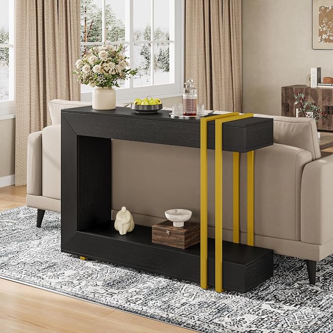 Einhomn 42.5" Console Table Behind Couch, 2-Tier Narrow Entryway Table with Storage, Wood Sofa Tables for Hallway/Entrance/Living Room/Foyer, Black