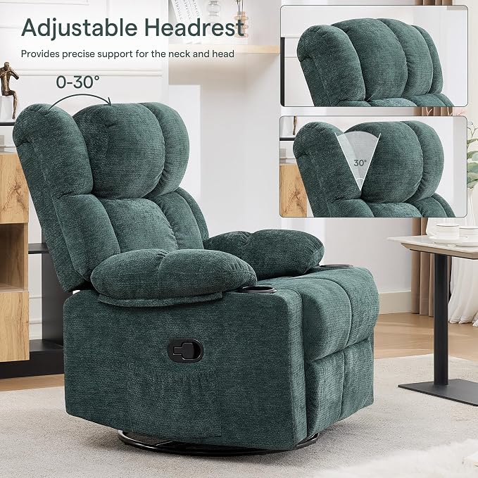 Swivel Rocker Recliner,Rocking Reclining Chair with Adjustable Headrest for Adults,Upholstered Fabric Swivel Recliner Chair for Bedroom,Living Room,Green