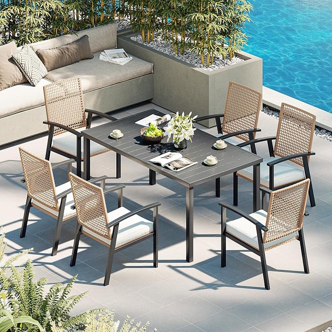 Aoxun 7-Piece Patio Table and Chairs Set for 6 with Umbrella Hole, Outdoor Dining Set with 6 Wicker Chairs and 1 Rectangular Metal Table, Patio Dining Sets with Soft Cushion for Backyard, Garden