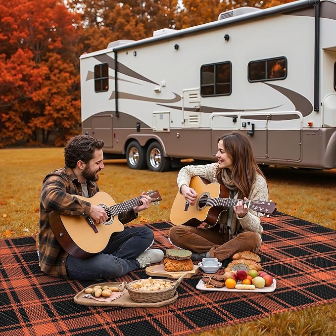 GENIMO Waterproof Outdoor Rug for Patio Clearance, 6'x9' Reversible Plastic Straw Rugs, Lightweight RV Camping Mat for Camper, Balcony, Deck, Backyard, Picnic, Black Orange Plaid