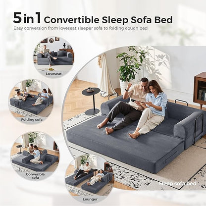 79" 5-in-1 Convertible Sofa Bed No Assembly, Boneless Couch Bed with High Density Foam, Foldable Sleeper Sofa, Corduroy Modular Couch for Apartment, Studio, Dorm Room, Small Space, Dark Gray