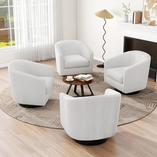 Swivel Accent Chair, Upholstered Corduroy Barrel Chair for Living Room, Small Single Sofa Bedroom Reading Seat, Set of 4, Beige