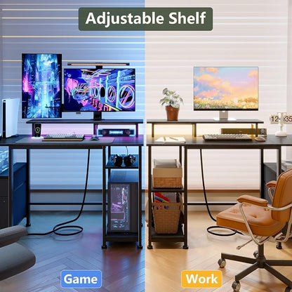 Furologee 61" Gaming Desk with Power Outlets & LED Lights, Reversible Computer Desk with File Cabinet & Monitor Stand for Home Office, Large Work Table with Storage Shelves & Drawer, Black