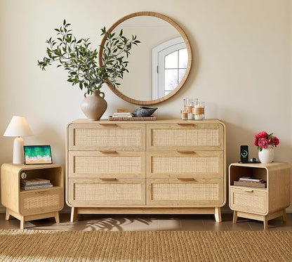 FORTUNETEC 47" Rattan 6 Drawer Dresser, Modern Farmhouse & Boho Wooden Chest of Drawers with Oak Wood Grain, Multifunctional Storage Bedroom Set for Bedroom, Living Room, Entryway & TV Stand