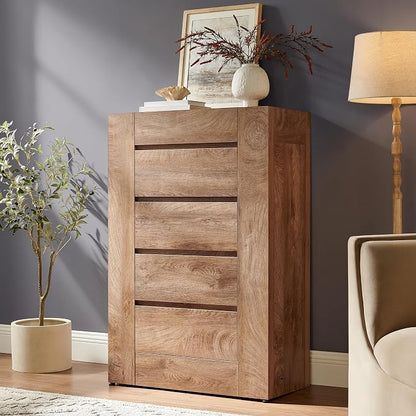 OKD 5 Drawer Dresser for Bedroom, 48" Tall Dresser Chest of Drawers with Thick Wood Design, Handleless, Modern Bedroom Dresser, Storage Organizer for Living Room/Entryway, Light Knotty Wood