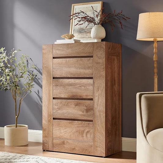OKD 5 Drawer Dresser for Bedroom, 48" Tall Dresser Chest of Drawers with Thick Wood Design, Handleless, Modern Bedroom Dresser, Storage Organizer for Living Room/Entryway, Light Knotty Wood
