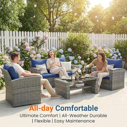 Wisteria Lane Patio Furniture Set, Wicker Outside Outdoor Furniture for All Weather, Patio Sofa with High Backrest Support and Wide Armrest for Backyard, Balcony, Deck, Porch, Dark Blue