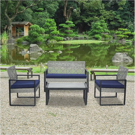 All-Weather 4 Piece Outdoor Rattan Patio Furniture Set (Light Gray) | Acacia Wood Table & Cushions