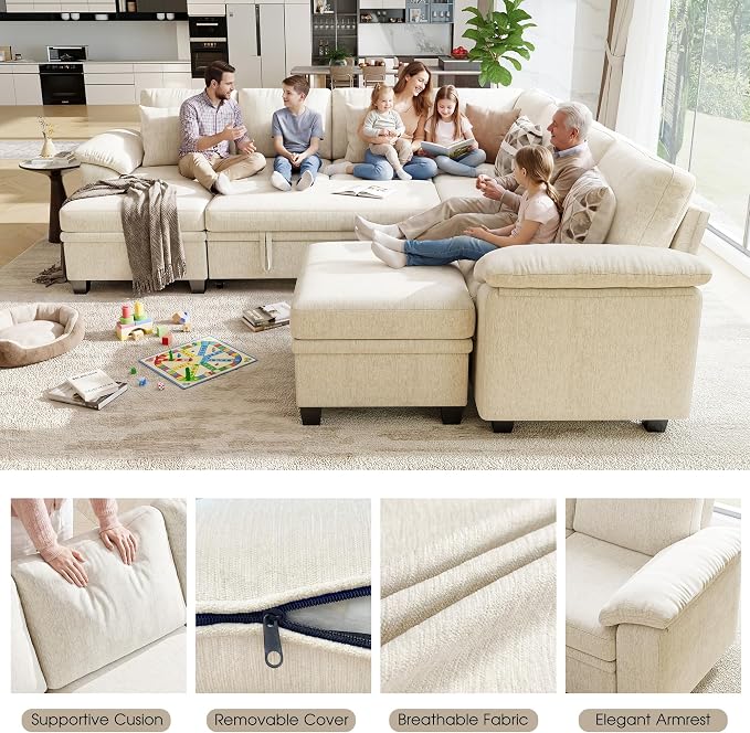 107.8" Oversized Modular Sectional Sofa with Pull Out Bed, 9 Seat U Shaped Sectional Sleeper Sofa with 291L Storage, Convertible Cloud Couch Bed, Sectional Couches for Living Room, Apartment (Beige)