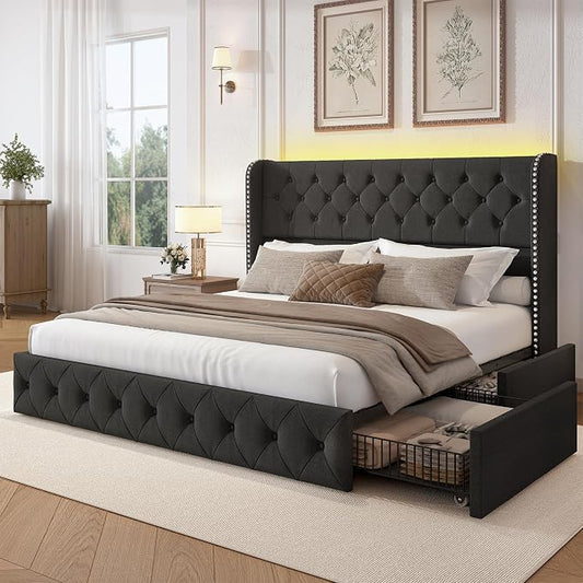 LARMACE King Size Bed Frame with LED Lights and 4 Storage Drawers Linen Upholstered Platform Bed Frame with 47.2" Tall Tufted Headboard Wingback, No Box Spring Needed, Easy to Assemble, Dark Grey