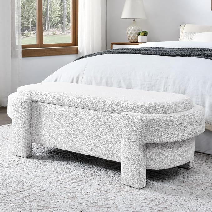 51.5" Oval Storage Bench End of Bed Storage Benches Linen Fabric Upholstered Ottoman Bench with Large Storage Space for Living Room Entryway Bedroom Hallway (Ivory White, 51.5 inch)