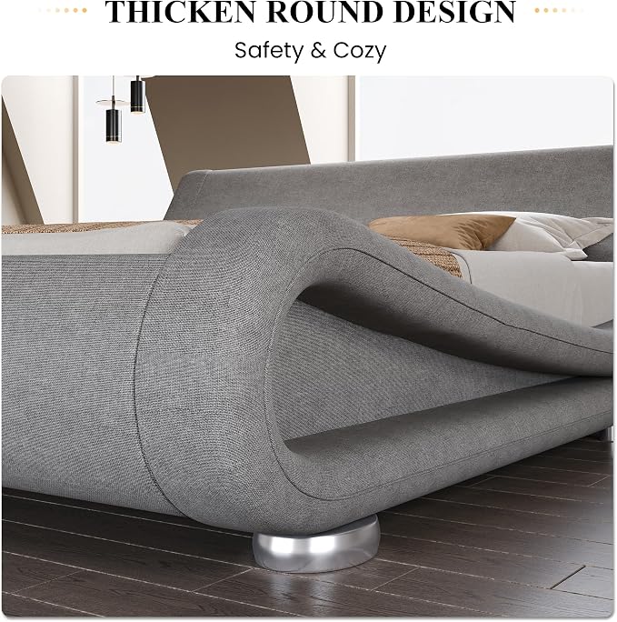 SHA CERLIN King Size Upholstered Bed Frame, Deluxe Low Profile Sleigh Bed with Linen Ergonomics Headboard, No Box Spring Needed & Easy Assembly, Grey
