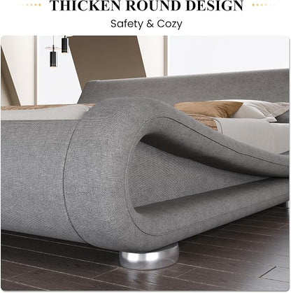 SHA CERLIN Full Size Upholstered Bed Frame, Deluxe Low Profile Sleigh Bed with Linen Ergonomics Headboard, No Box Spring Needed & Easy Assembly, Grey