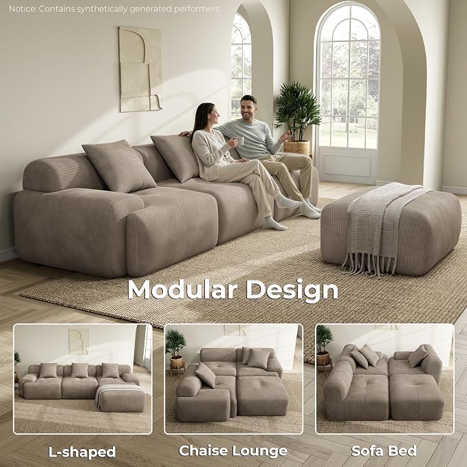 LIKIMIO LumiCord Modular Sectional Sofa with Ottoman, 118" L-Shaped Boneless Couch for Living Room, Oversized Deep Seat with Corduroy Upholstery, No Assembly Required, Light Brown