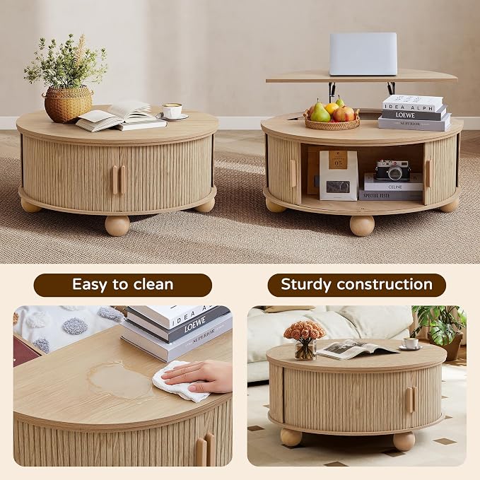 Fluted Round Lift Top Coffee Table with Hidden Storage, 33.5'' Modern Boho Center Table with Sliding Tambour Door & Solid Wood Legs, Circle Coffee Table for Living Room, Small Space, Natural