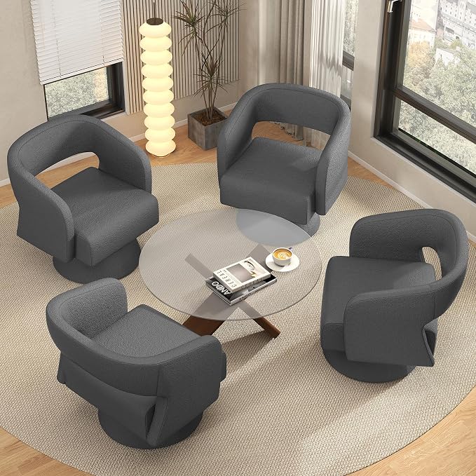 Luxanimarion Swivel Barrel Accent Chair,Oversized Teddy Upholstered Round Swivel Chair,Modern Luxury 360 Degree Living Room Vanity Chair for Bedroom Office,Gray,4PCS