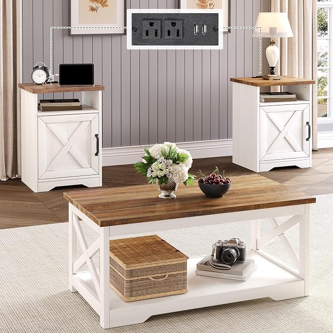 LUXOAK 3-Piece Farmhouse Living Room Table Sets, Includes 1 x Coffee Table, 2 x End Tables with Charging Station & USB Ports, Rustic Coffee Table Set of 3, Distressed White