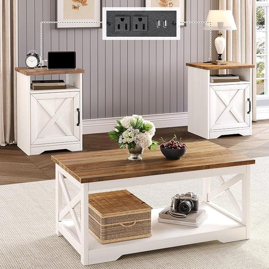 LUXOAK 3-Piece Farmhouse Living Room Table Sets, Includes 1 x Coffee Table, 2 x End Tables with Charging Station & USB Ports, Rustic Coffee Table Set of 3, Distressed White