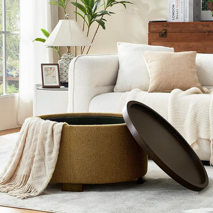 Zihanhome 30 Inch Round Storage Ottoman, Ottoman Coffee Table with Lift Off Lid, Boucle Modern Ottomans with Storage for Living Room, Bedroom, Apartments (Yellow)