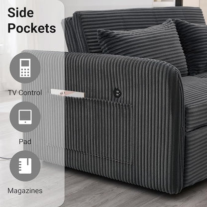 55.5" Corduroy Convertible Sofa Bed, Pull Out Sleeper Sofa Bed, Loveseat Couch with USB Charging Ports, 3 in 1 Convertible Sleeper Sofa Bed for Living Room, Apartment, Bedroom, RV, Grey