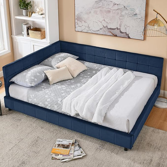 Bellemave Queen Size Corner Bed Frame with Comfortable Backrest and Armrests, Velvet Tufted Corner Bed Frame Queen Size, Upholstered Daybed for Bedroom, Living Room, Guest Room, Dark Blue