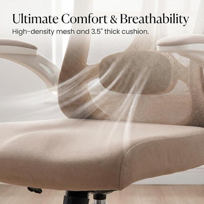 Ergonomic Office Chair with Adjustable Lumbar Support & Flip-Up Armrests - High Back Computer Desk Chair with Thickened Seat Cushion, Rolling Wheels for Home/Office Study Work (08khaki)
