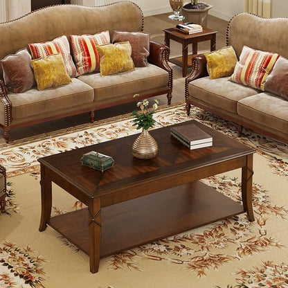 Solid Wood Coffee Table with Storage Shelf, Mid Century Modern Rectangle Coffee Table for Living Room, Large Countertop Center Table, Cherry Walnut KFZ-DR200